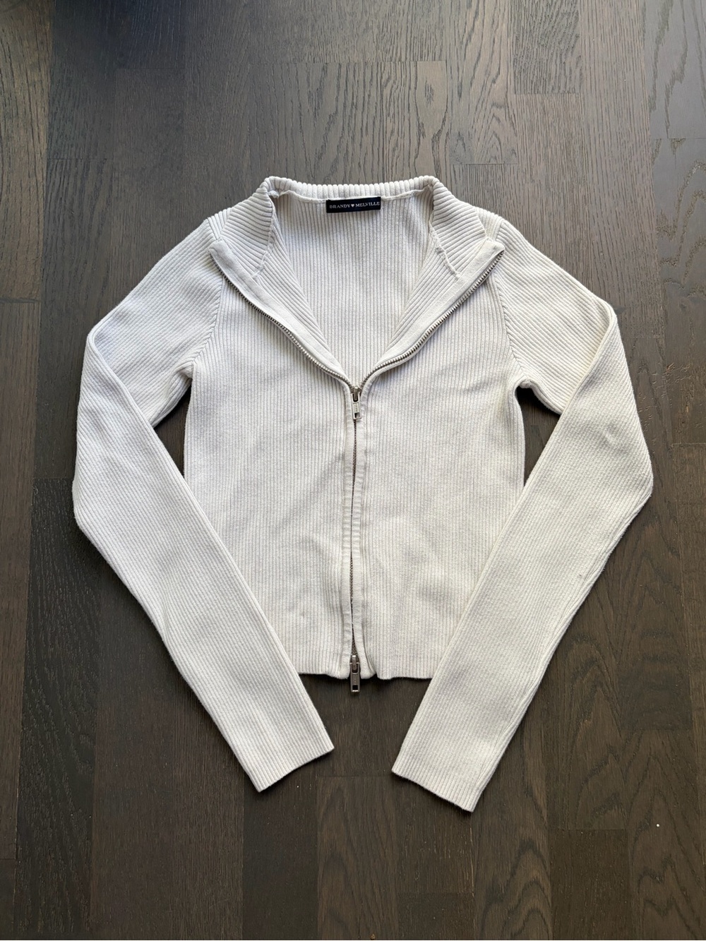 Brandy Melville pearl white full zip ribbed long sleeve